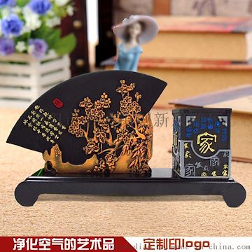 新品炭雕工艺品中国风扇形笔筒套件高档办公室商务摆件礼品定制